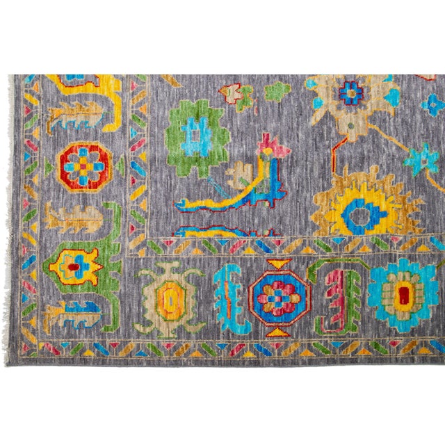 Modern Oushak Style Gray Wool Rug Features Allover Floral Pattern For Sale - Image 4 of 8
