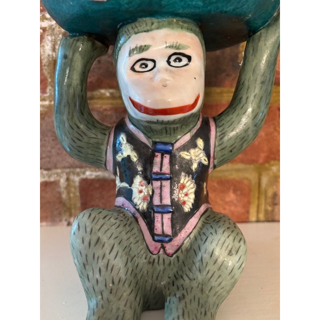 Mid 20th Century Chinese Porcelain Monkey in Floral Vest Holding a Lotus Bowl For Sale In Richmond - Image 6 of 12