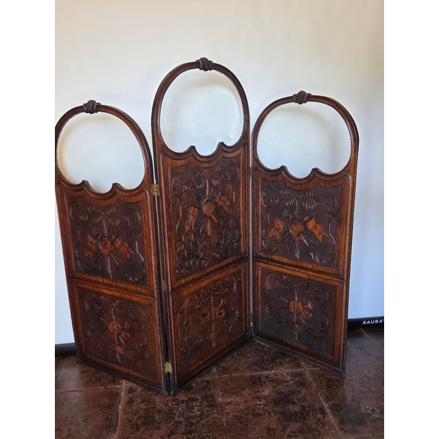 Burnt Umber Art Nouveau Three-Panel Hand Carved Oak Screen Military or Musical Dressing Screen For Sale - Image 8 of 13