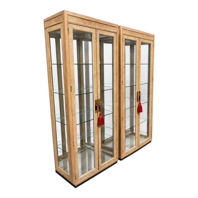 Pair of Vintage Drexel Heritage Olive Burl Wood and Glass Display Cabinets For Sale