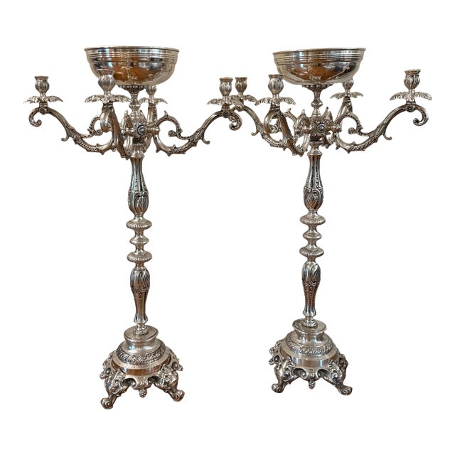 Pair of Ornate Rococo-Style Silver-Plated 5-Arm Candelabras With Epergne Bowl For Sale