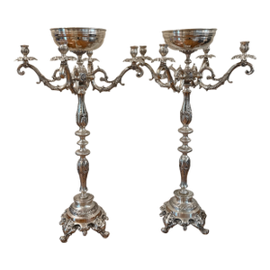 Pair of Ornate Rococo-Style Silver-Plated 5-Arm Candelabras With Epergne Bowl