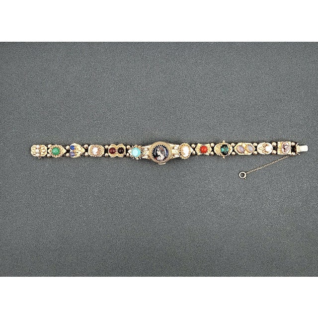 1950s 14k Yellow Gold Slide Charm Omega Gemstone Bracelet Watch For Sale - Image 15 of 16