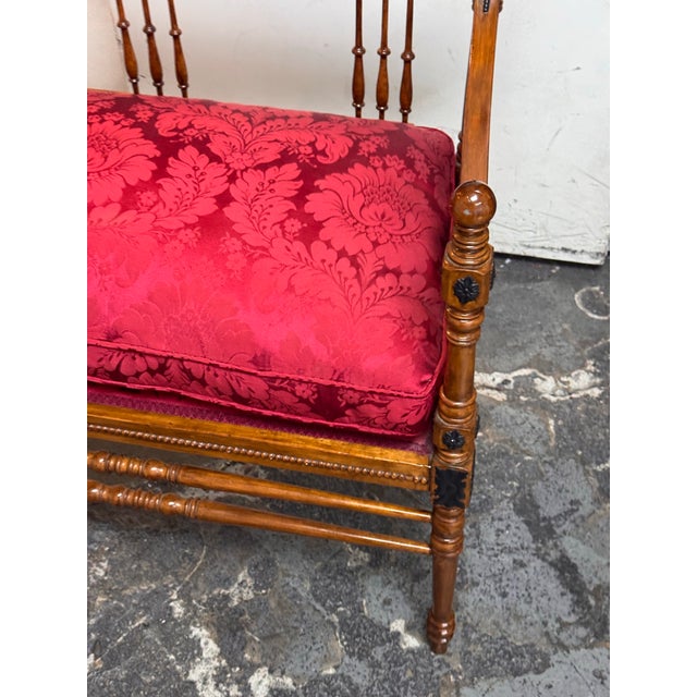 Wood Antique Victorian Red Damask Upholstered Settee For Sale - Image 7 of 12