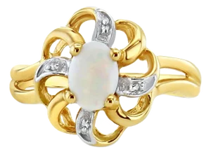 Oval Opal Solitaire Diamond Ring 10k Yellow Gold, Size 4