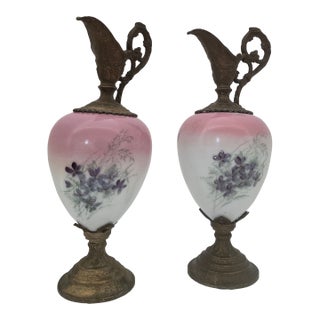 Early 20th Century Pair of Hand-Painted Glass and Brass Victorian Mantle Ewers For Sale