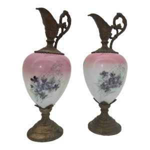 Early 20th Century Pair of Hand-Painted Glass and Brass Victorian Mantle Ewers