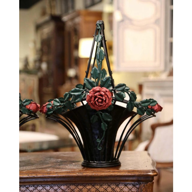 Metal Mid 20th Century Vintage French Painted Metal Hanging Baskets With Floral and Leaf Decor - a Pair For Sale - Image 7 of 13