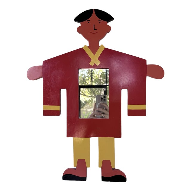 Childrens Mirror with Painted Wooden Figure, 1980s For Sale