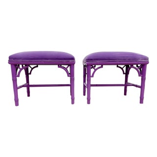 Vintage Velvet and Faux Bamboo Stools - a Pair For Sale