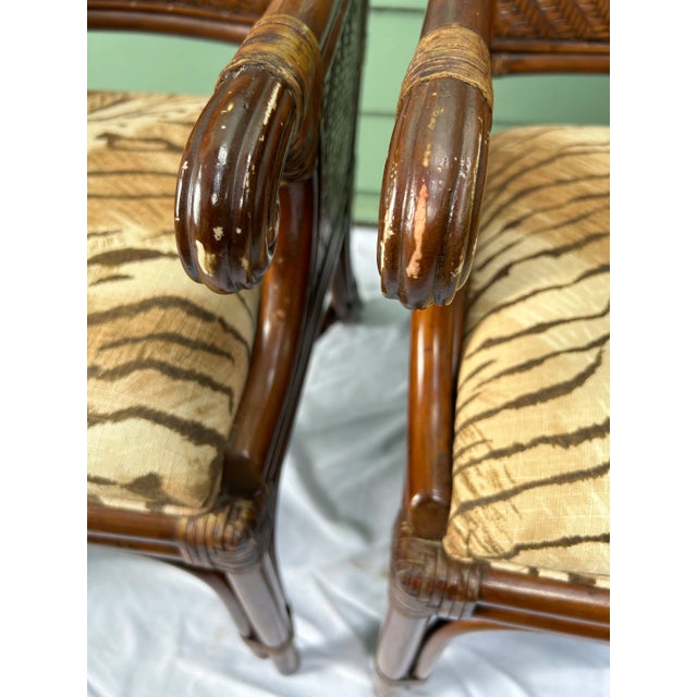 Vintage Bamboo & Rattan Arm Chairs – Pair of Wicker Dining or Accent Chairs With Upholstered Seats For Sale - Image 11 of 12