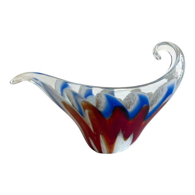 Vintage Mid Century Modernist Murano Art Glass Aventurine Multicolor Zigzag Swirl Sculptural Scroll Bowl For Sale