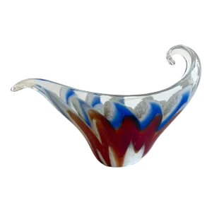 Vintage Mid Century Modernist Murano Art Glass Aventurine Multicolor Zigzag Swirl Sculptural Scroll Bowl