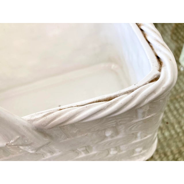 White Glazed Ceramic Basket Cache Pot With Faux Bois Handle For Sale - Image 8 of 11