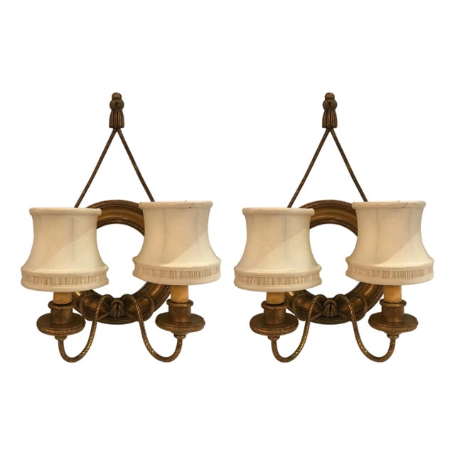 Pair of Mirrored and Giltwood Two Light Bullseye Sconces NYC, circa 1910 For Sale