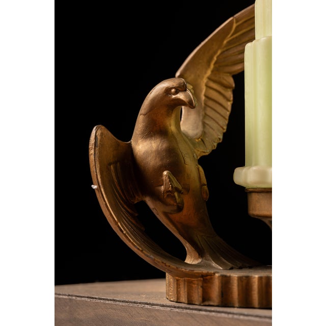 1930s Art Deco Figural Eagle Painted Metal Table Lamp With Uranium Glass Shade For Sale In Chicago - Image 6 of 13
