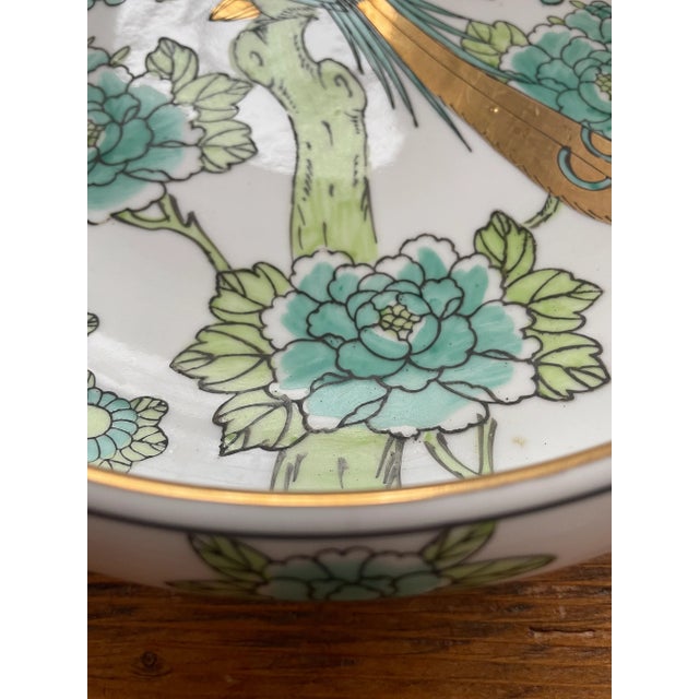 Imari Porcelain Gold Imari Decorative Bowl Hand-Painted With Peacock Pattern in Blues and Greens - Made in Japan For Sale - Image 4 of 11