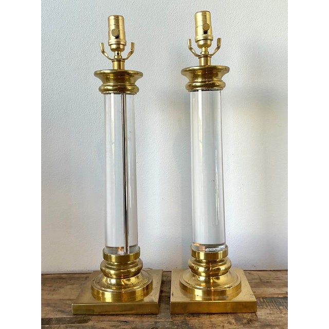 White Vintage Crystal Column Lamps - A Pair For Sale - Image 8 of 12