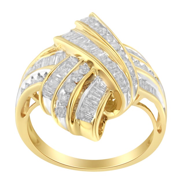 10K Yellow Gold Plated .925 Sterling Silver 1.0 Cttw Round & Baguette Diamond Knot Channel Statement Ring (I-J Color, I2-I3 Clarity) - Size 6-1/2 For Sale - Image 4 of 7