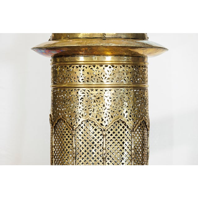 Vintage Indian Brass Hanging Lantern with Pierced Floral and Lattice Motifs For Sale - Image 4 of 18