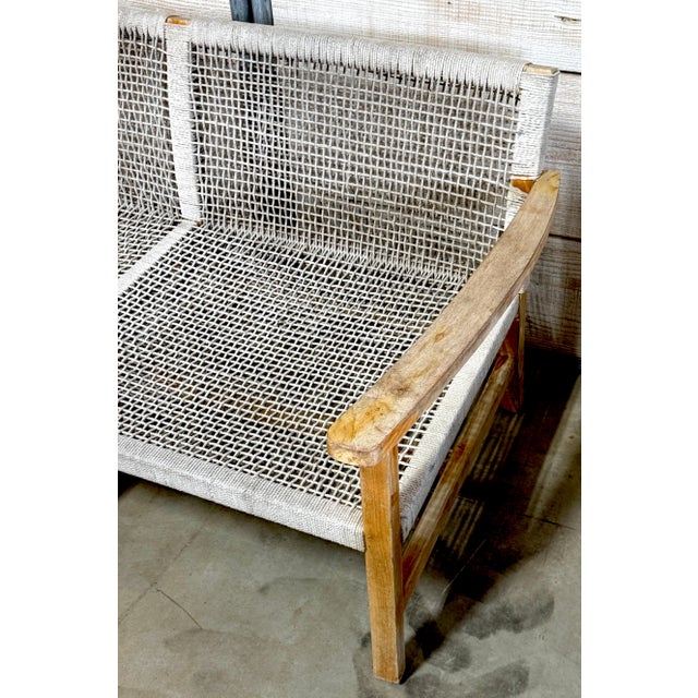 Boho Danish Modern Bleached/ Weathered Teak & Woven Rope Settee For Sale - Image 14 of 18