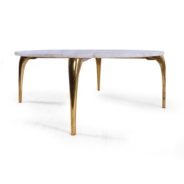 Modern White Quartz Round Coffee Table With Brass Finish Legs For Sale - Image 4 of 4