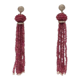 1990s Pink Tourmaline Diamond Gold Tassel Earrings - 2 Pieces For Sale