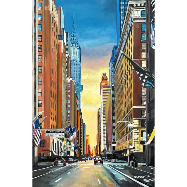 Chrysler Building 42nd Street New York City at Sunset With Golden Yellow Sky by Contemporary British Artist For Sale - Image 6 of 12