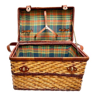 Large Vintage Wood Wicker Picnic Concert Basket For Sale