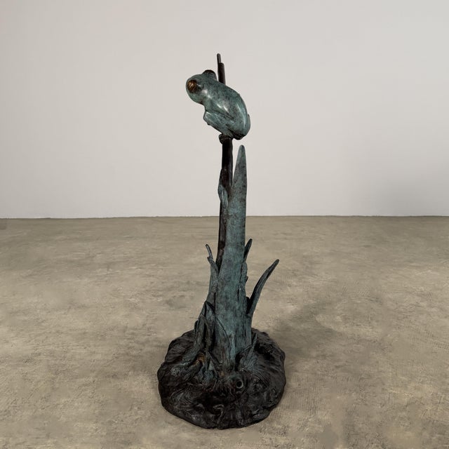 Green Bronze Frog Fountain Sculpture, 30” Tall, Verdigris Garden Water Feature For Sale - Image 8 of 14