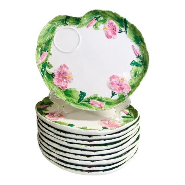Hollywood Regency Palm Beach Grandmillenial Italian Hibiscus Mahjong Luncheon Plates S/10 For Sale - Image 3 of 6