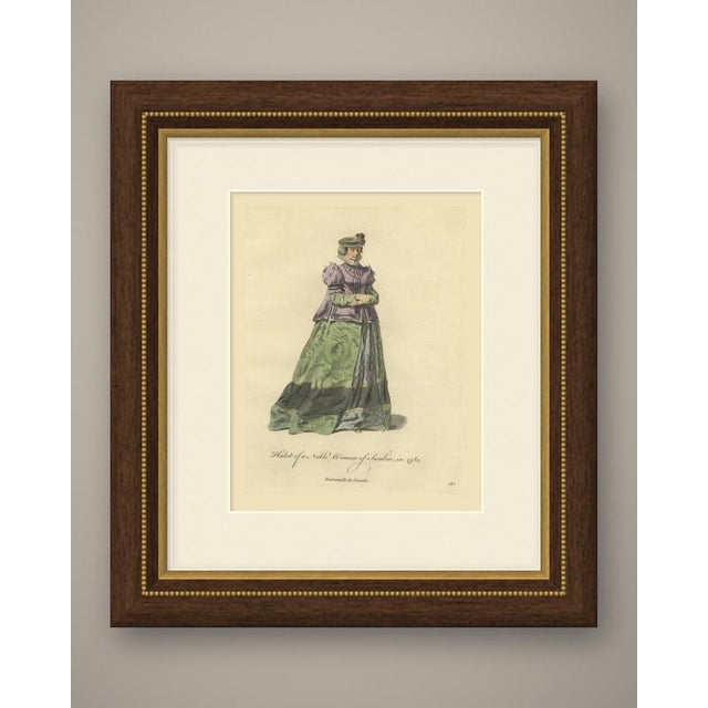 This is an original antique copper engraving with hand coloring, lettered "Habit of a Noble Woman of Swabia, in 1581." It...