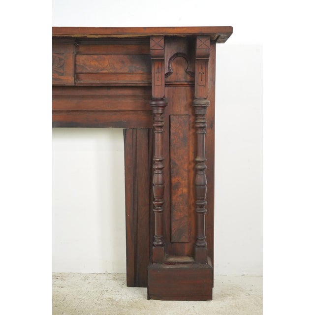 Wood Antique Eastlake Burl Veneer Paneled Wood Fireplace Mantel For Sale - Image 7 of 14
