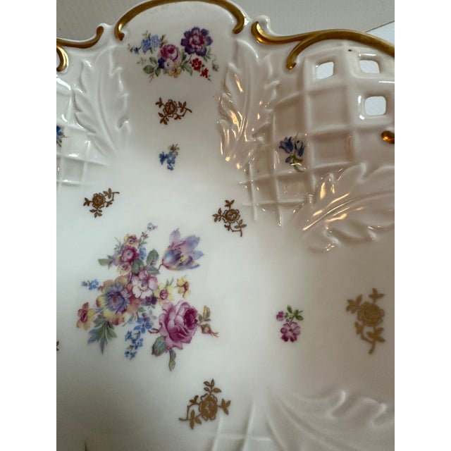 1970s Reichenbach Germany 11" Diameter Footed Floral Gold Trim Reticulated Dish For Sale - Image 16 of 18