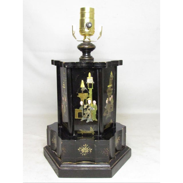 Vintage chinoiserie decorated wood table lamp, c.1930’s A six sided chinoiserie decorated lamp, with hand painted panels...