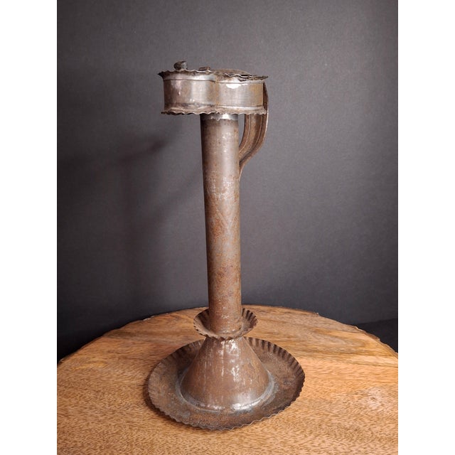 American Antique 19thC Sheet Tin Betty Lamp Integrated Saucer Stand Primitive Fat Oil For Sale - Image 3 of 18