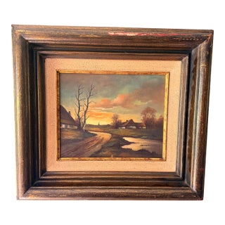 Vintage Signed European Countryside Sunset Landscape Oil Painting in Wood Frame For Sale