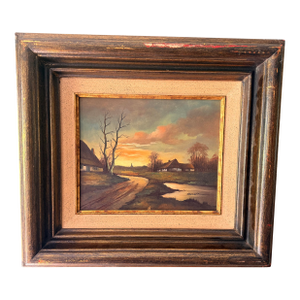 Vintage Signed European Countryside Sunset Landscape Oil Painting in Wood Frame