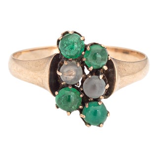 Antique Victorian Ring Moonstone Emerald Vintage 9k Rose Gold Size 6.25 For Sale