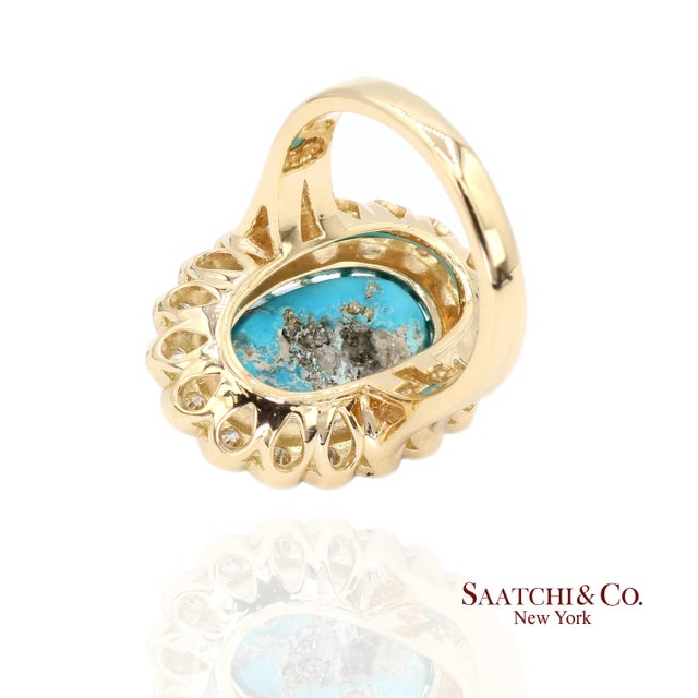 Early 21st Century Persian Turquoise Diamond Ring Women Size 7 18k Yellow Gold Glam Luxe, Size 7 For Sale - Image 5 of 10
