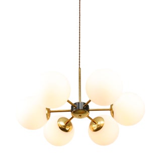 Mid-Century Modern Italian Six-Arm Sputnik Chandelier with Opaline Shades, 1960s For Sale