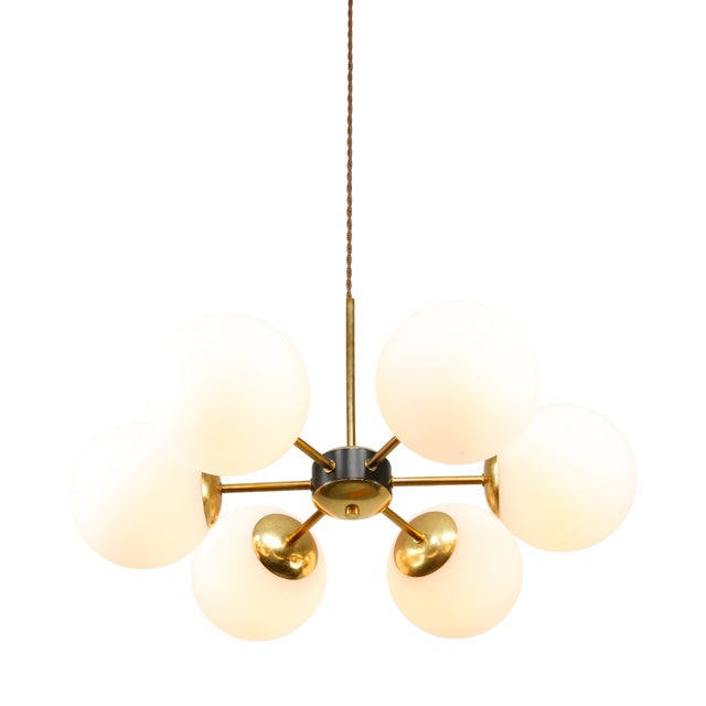 Mid-Century Modern Italian Six-Arm Sputnik Chandelier with Opaline Shades, 1960s For Sale
