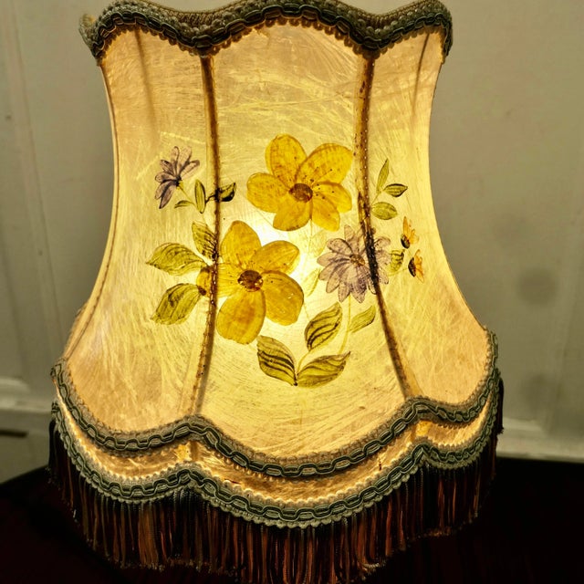 Pewter and Turned Wooden Table Lamp with Hand Painted Shade This is a very attractive piece, it has a bulbous wood and...