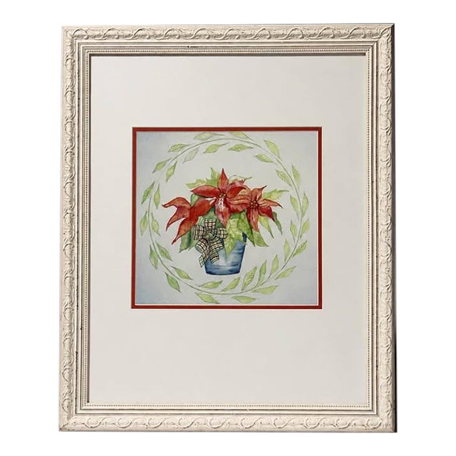 Framed Floral Poinsettia Wall Art in Ornate White Frame For Sale
