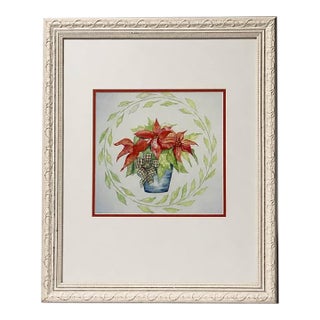 Traditional Red Poinsettia Botanical Print in White Frame For Sale