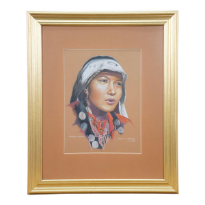 1975 Erwin J Bendel Native Turkish Kirghiz Woman Pastel Portrait Painting 24", Framed