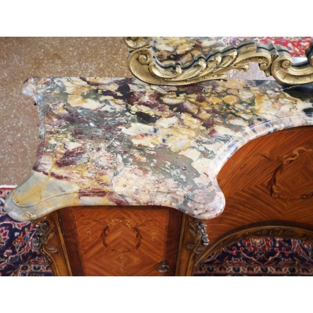 Wood French Louis XV Style Walnut and Satinwood Inlaid Marble Top Vanity Circa 1920's For Sale - Image 7 of 14