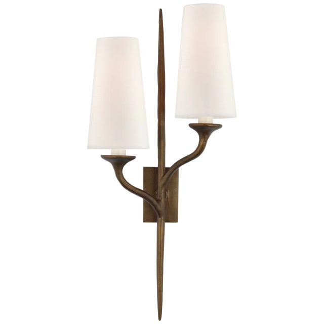 Iberia Double Right Sconce in Antique Bronze Leaf with Linen Shades Designer: Julie Neill Height: 24" Extension: 6.5"...