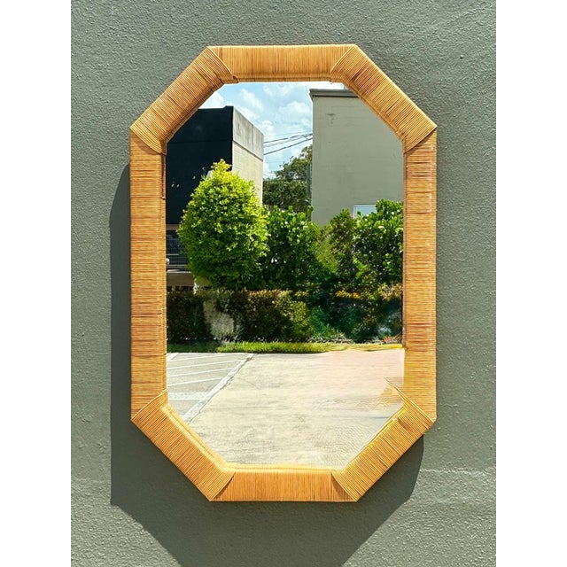 Mid-Century Modern Vintage Octagonal Rattan Wrapped Wall Mirror For Sale - Image 3 of 14