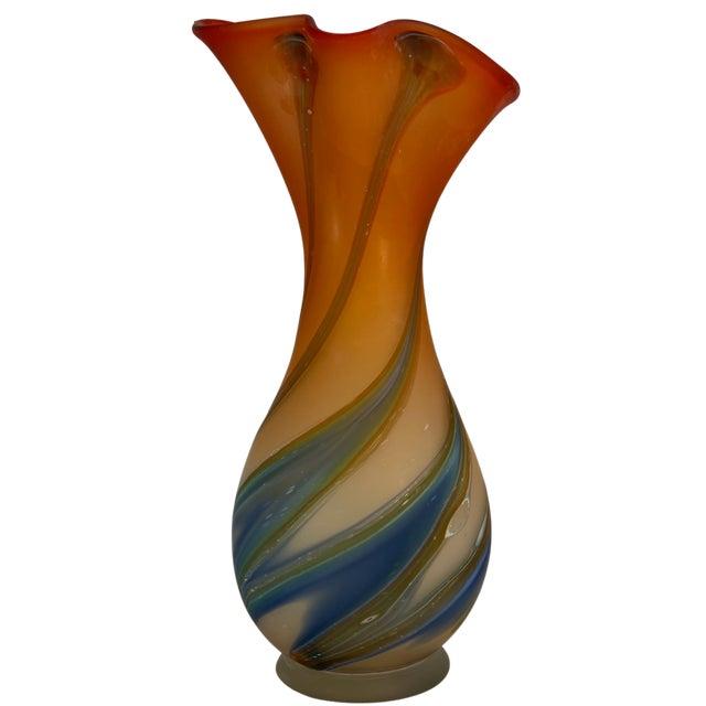 Zareh Orange Art Glass Fazzoletto Vase With Green Blue Swirl For Sale In New York - Image 6 of 18